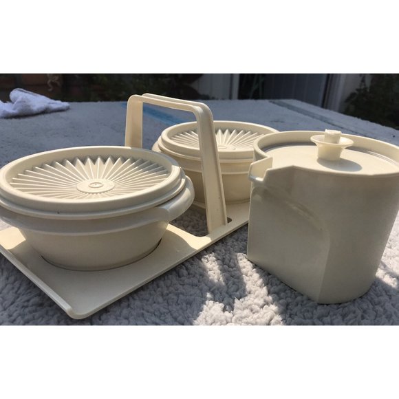 Vtg 80s Tupperware Condiment Servalier Caddy Bowls Lids Storage Pitcher HTF Set - Picture 8 of 15